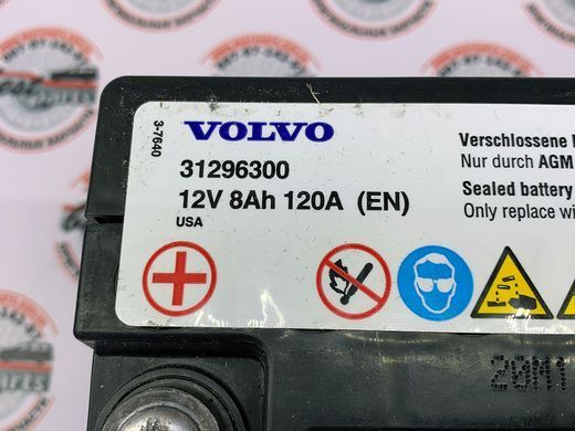 31296300 Акумуляторна батарея (АКБ) допоміжна 8Ah 120A AGM Volvo XC70 (-16) / XC60 (-17) / V70 (-16) / V60 CC (-18) / V60 (-18) / V50 (-12) / V40 CC (-19) / V40 (-19) / S80 (-16) / S80L (-12) / S60 CC (-18) / S60 (-18) / S40 (-12) / C30 (-13)